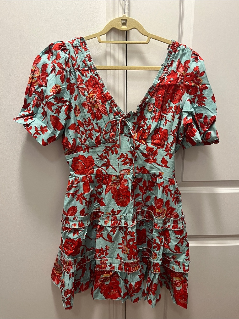 Caroline Constas Red Floral Puff-Sleeve Mini Dress on Mint